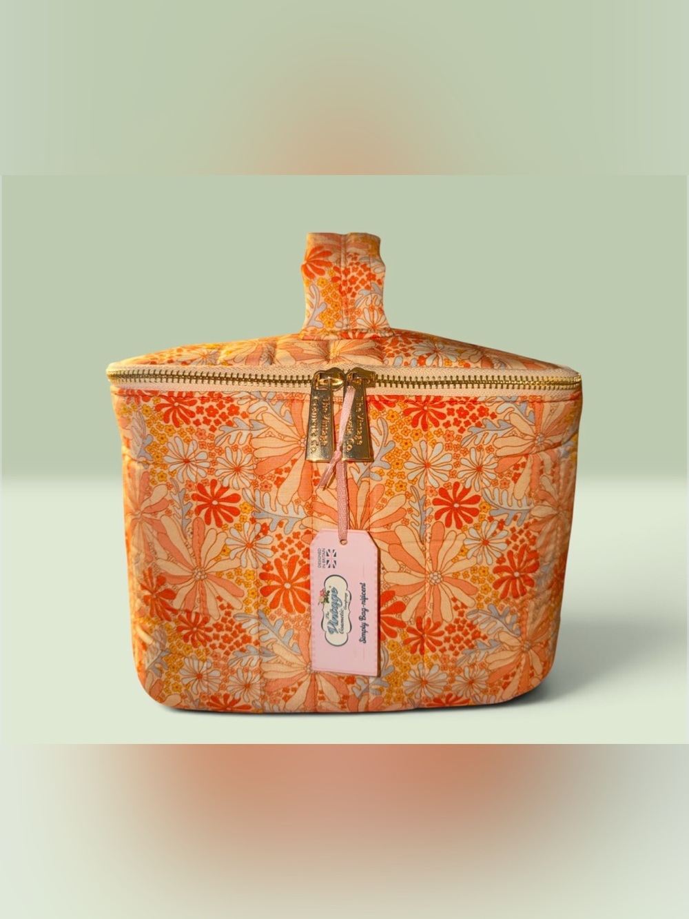 The Vintage Cosmetic Company Orange Floral Quilted Makeup Train Case Vanity Bag